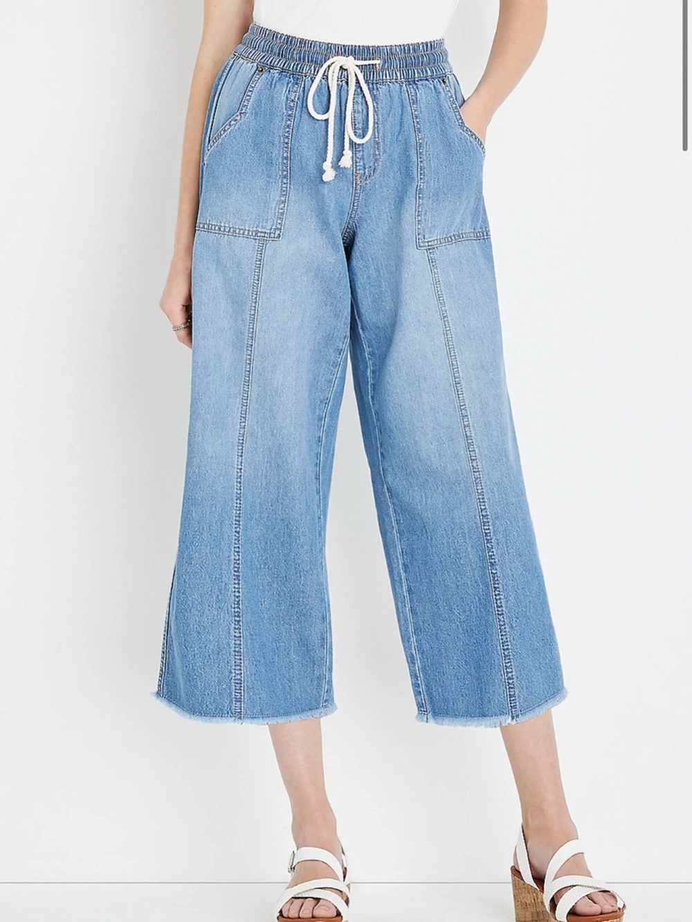 Maurices Light Blue Cropped Wide-Leg Drawstring 100% Cotton Jeans Pull On Pants